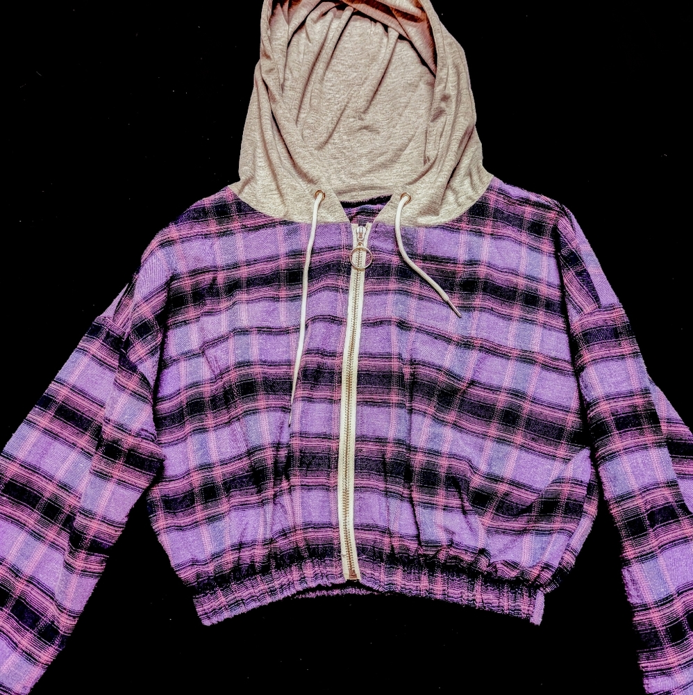 Purple Flannel Crop Top with Grey Hoodie 💜